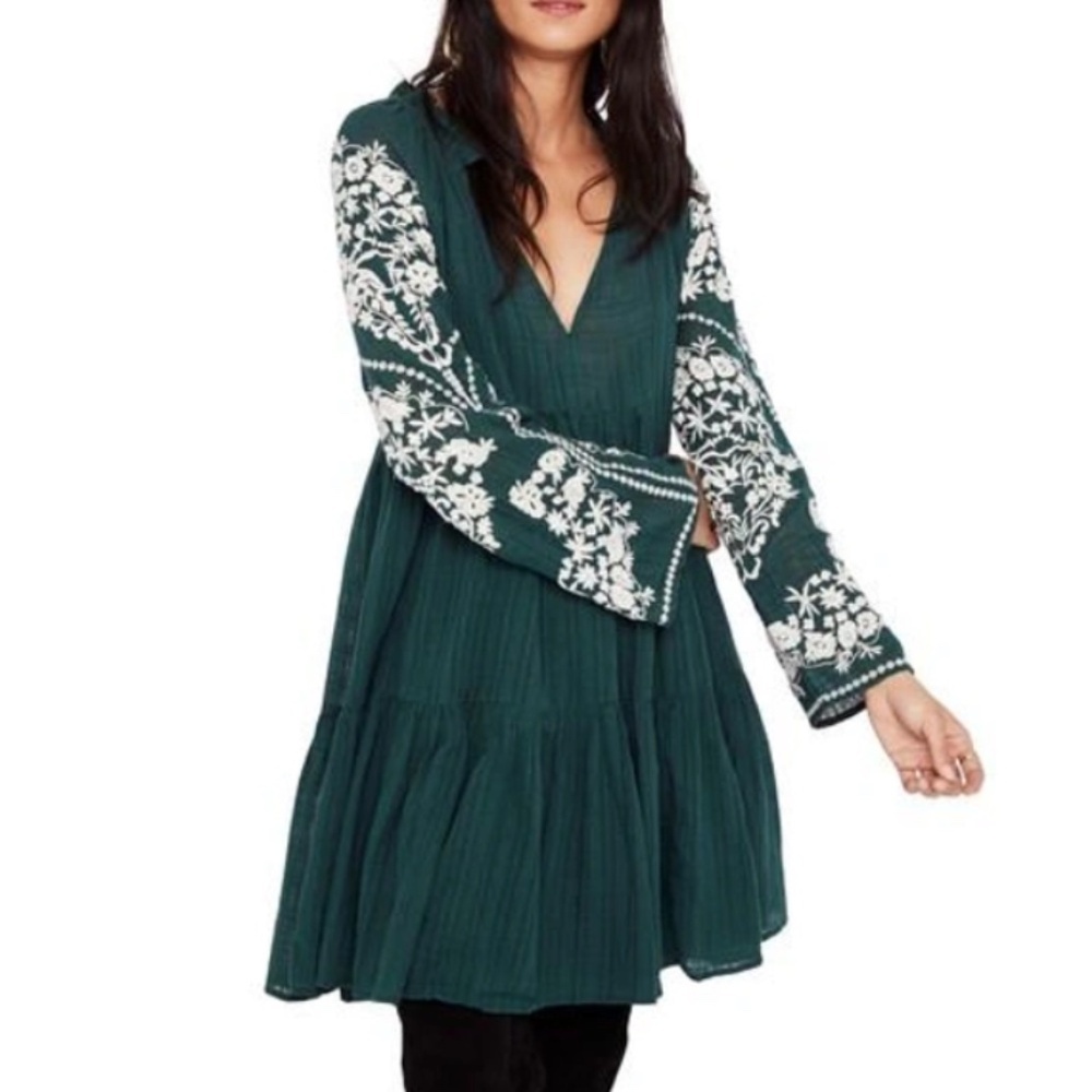 Free People Emerald City Shift Dress Embroidered Sleeves Dark Green Size Small